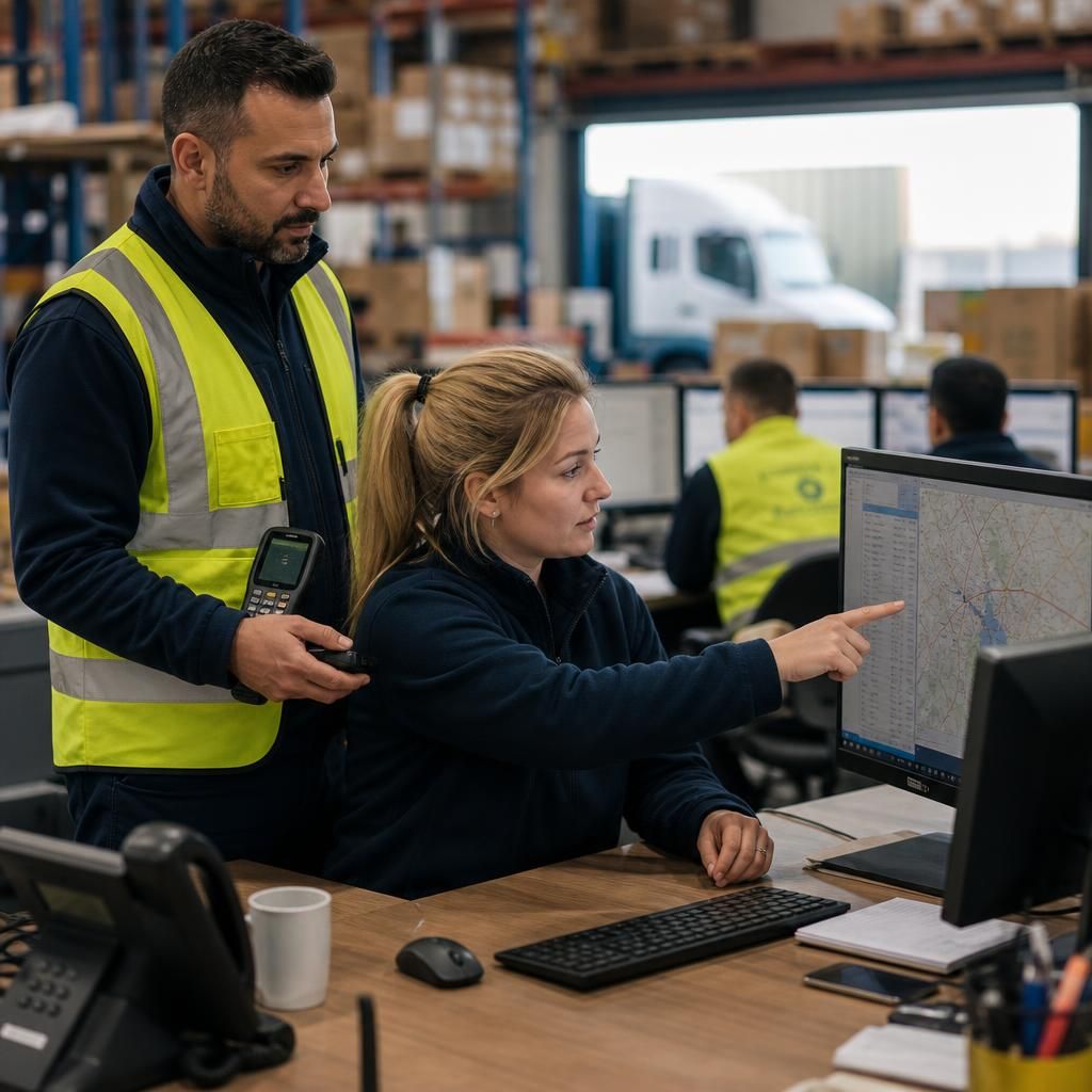 Logistics team using computers and handheld devices to coordinate deliveries