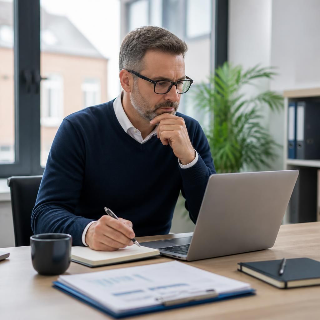 Business professional reviewing an IT provider assessment on a laptop