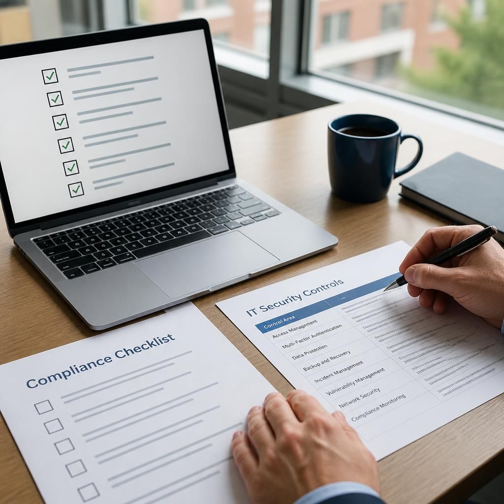 Laptop displaying a compliance checklist beside printed IT security documents