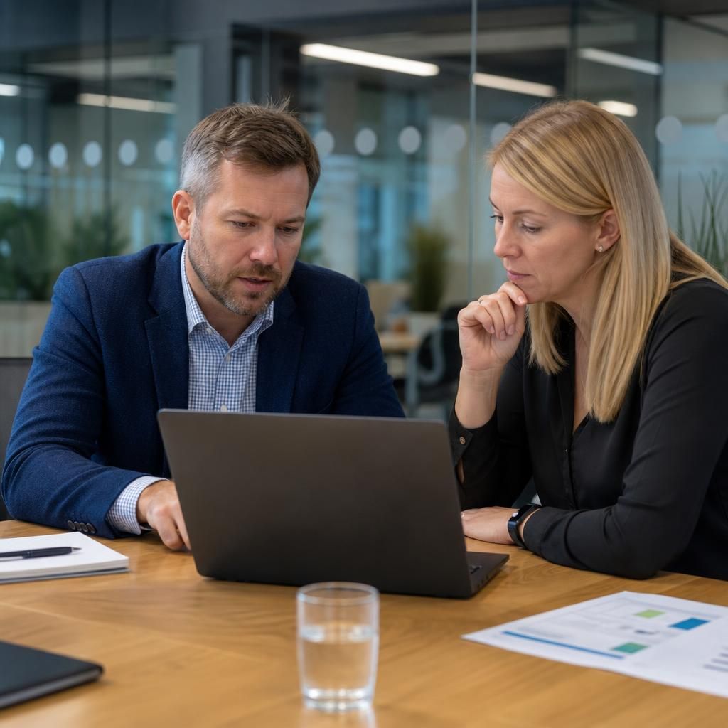 Business team reviewing an outsourced IT services proposal on a laptop