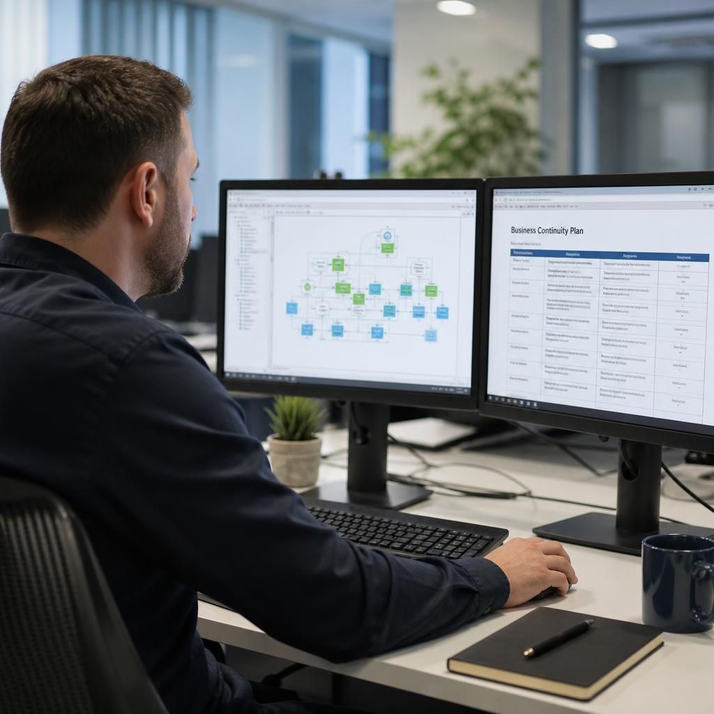 IT administrator reviewing a business continuity plan on a computer screen