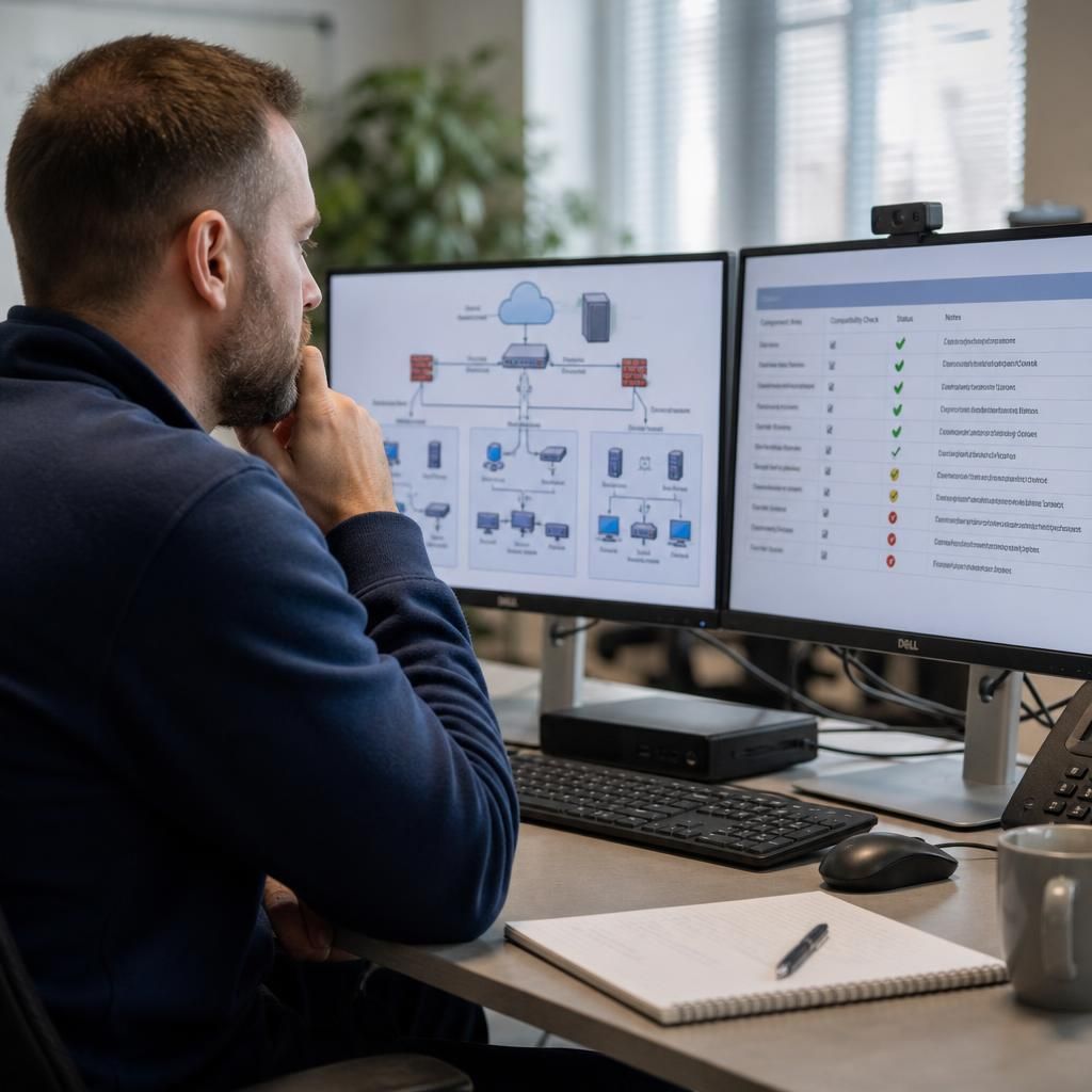 Technician reviewing a network diagram and system compatibility checklist on screen
