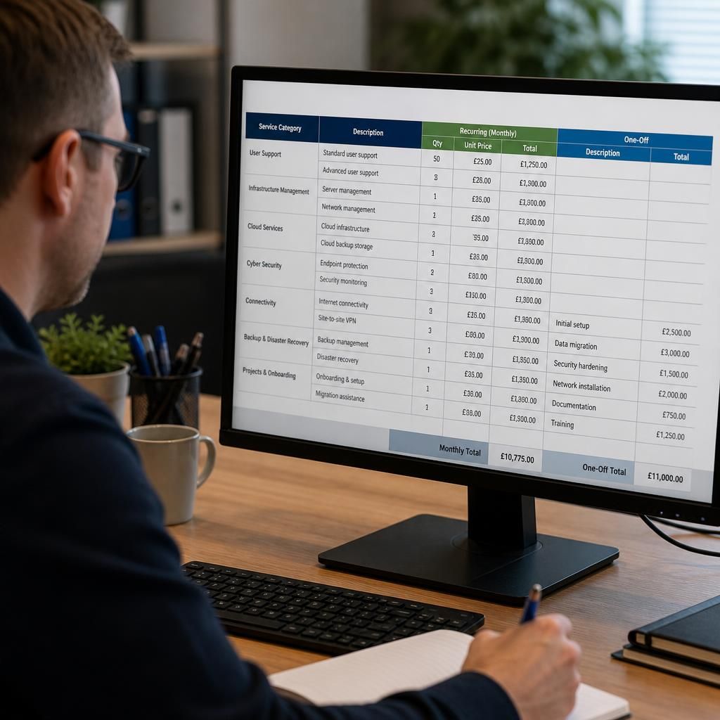 IT infrastructure pricing spreadsheet showing recurring and one-off service costs