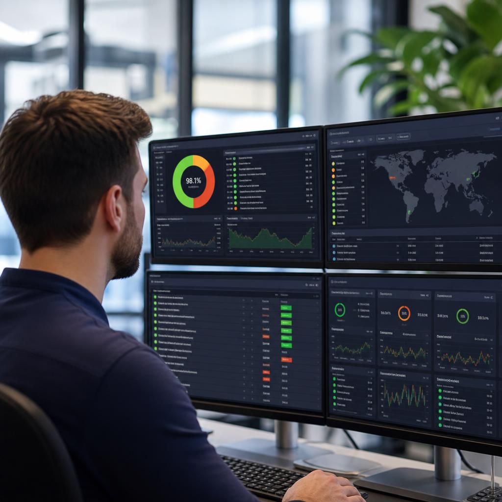 IT service dashboard showing infrastructure performance metrics, alerts and system status