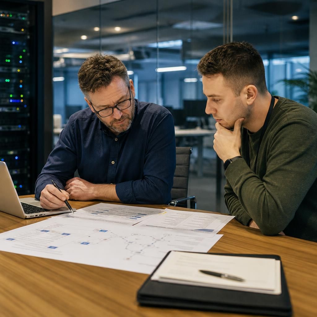 IT team reviewing infrastructure diagrams and handover documents