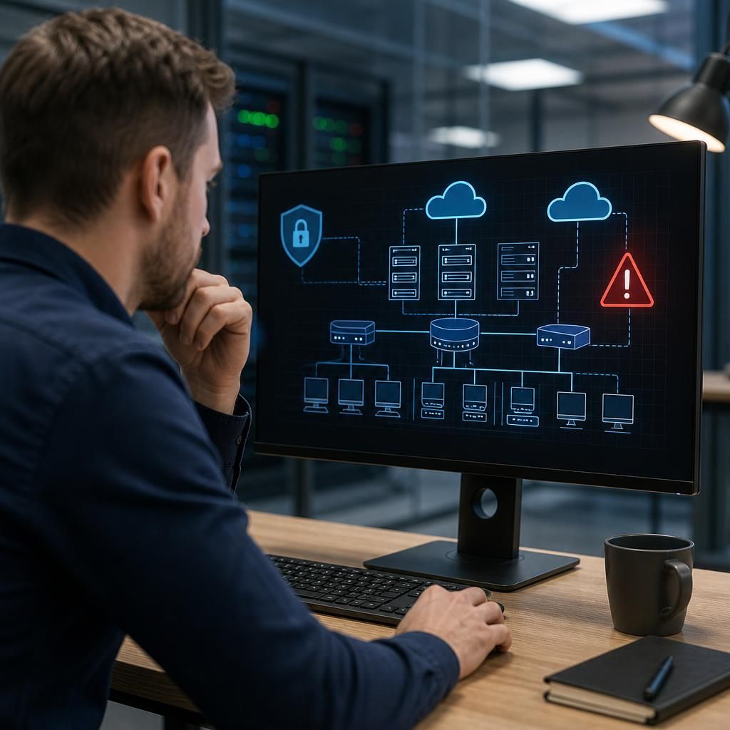 Network infrastructure diagram with connected servers, cloud services and security warning symbols