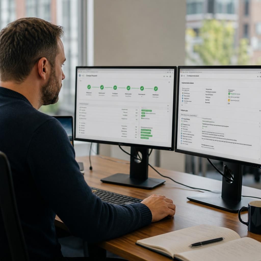IT change request dashboard showing approval stages, implementation details and rollback notes