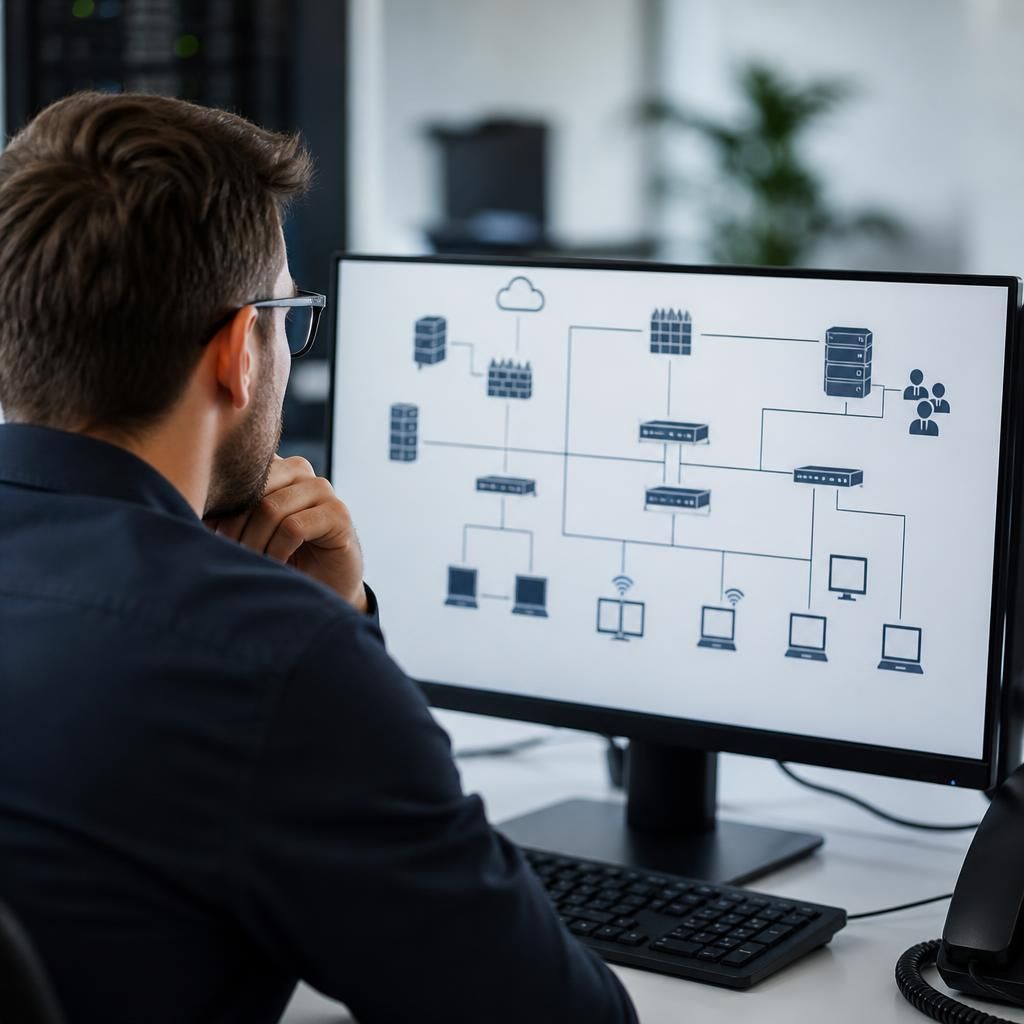 IT technician reviewing a network infrastructure diagram on a computer screen