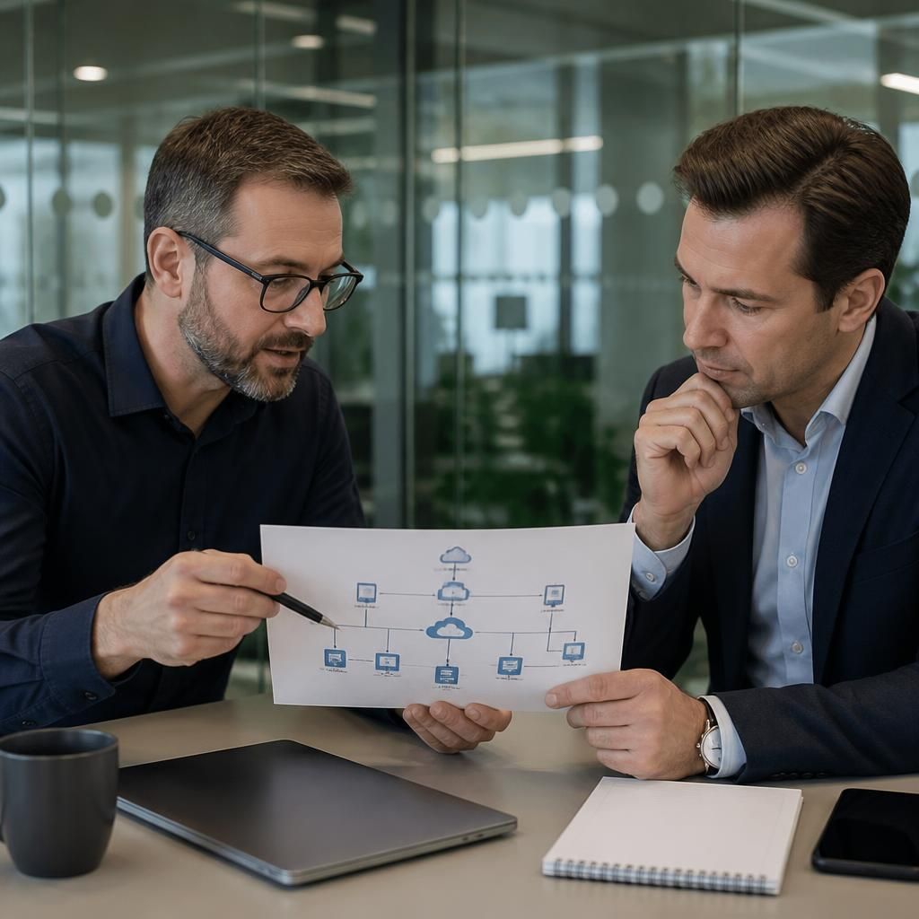 IT consultant reviewing a network infrastructure diagram with a business manager