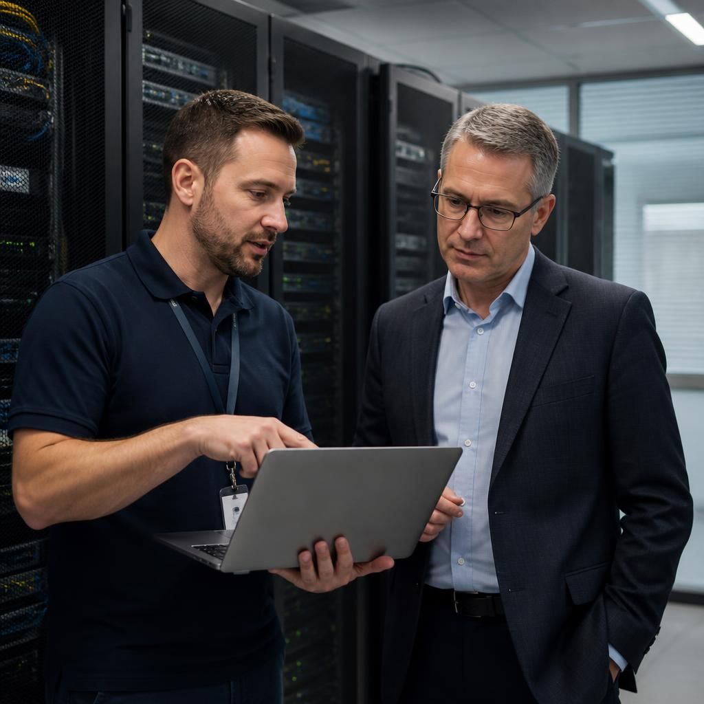 IT specialist discussing network infrastructure with a business client