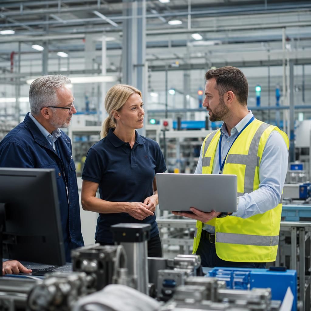 Manufacturing team reviewing production technology and IT systems