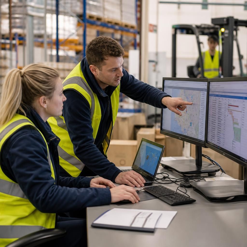 Logistics staff using connected systems to coordinate business operations