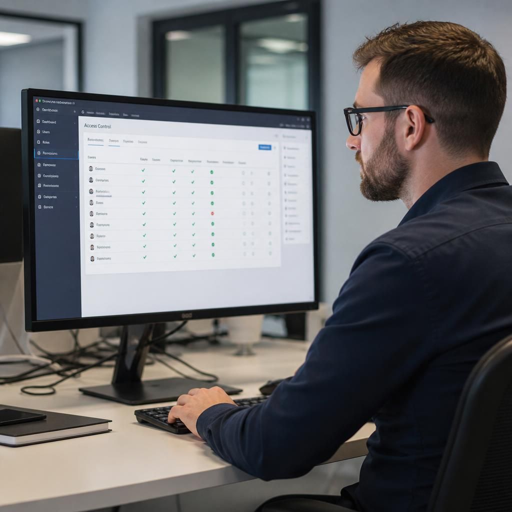IT administrator reviewing access permissions and security controls on a computer screen