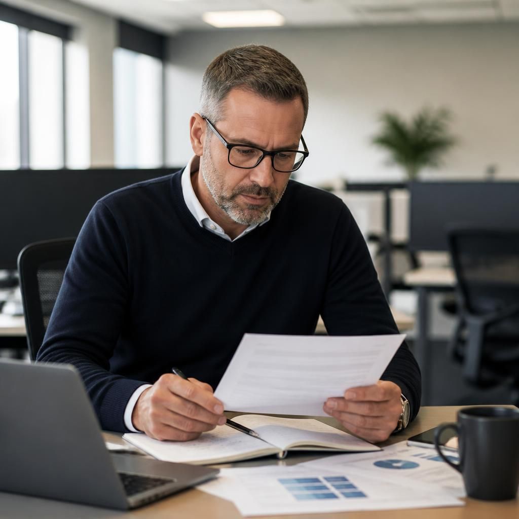IT manager reviewing a business technology assessment with service scope and risk notes