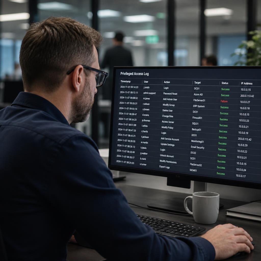 IT administrator reviewing a privileged access log on a computer screen