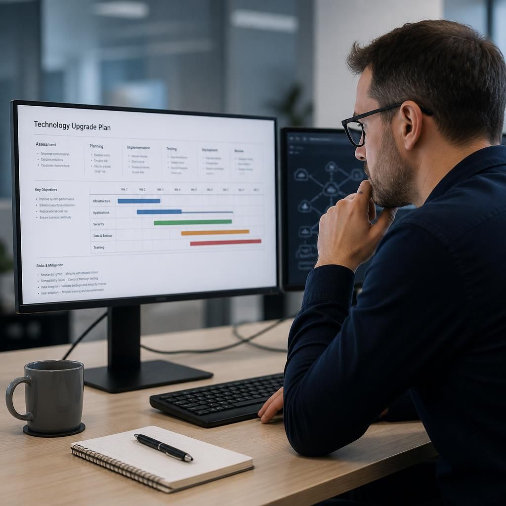 IT professional reviewing a technology upgrade plan on a computer screen