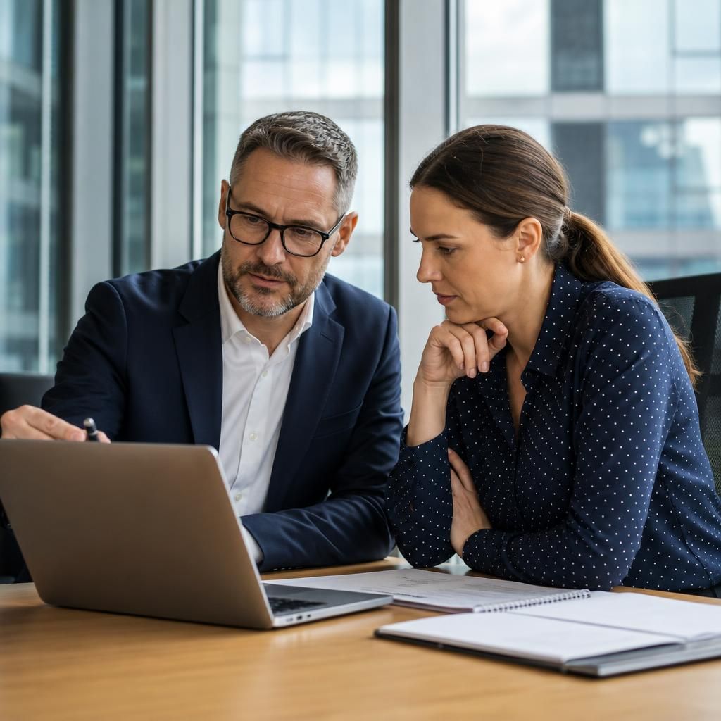 Business professionals reviewing an IT outsourcing contract on a laptop