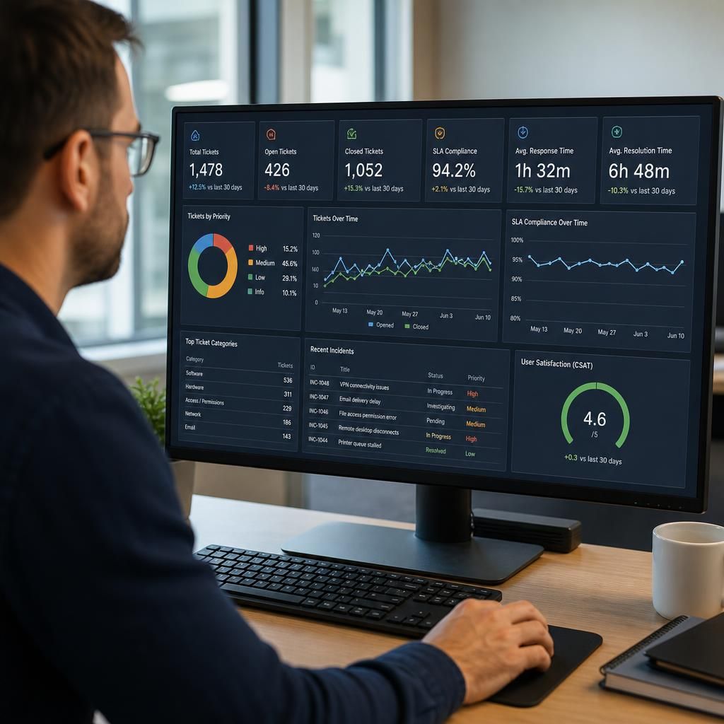 IT service performance dashboard showing support tickets, response times and incident trends