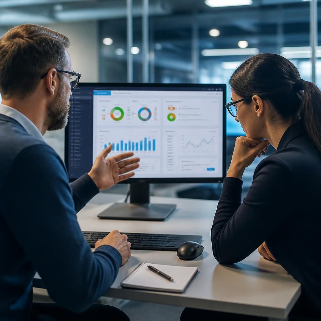 IT professionals reviewing a shared service desk dashboard on a computer