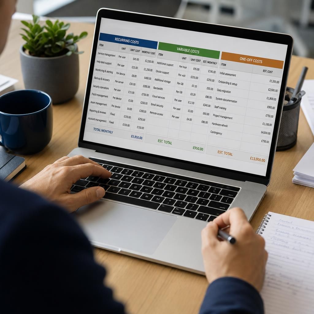 Spreadsheet showing recurring, variable and one-off IT outsourcing costs