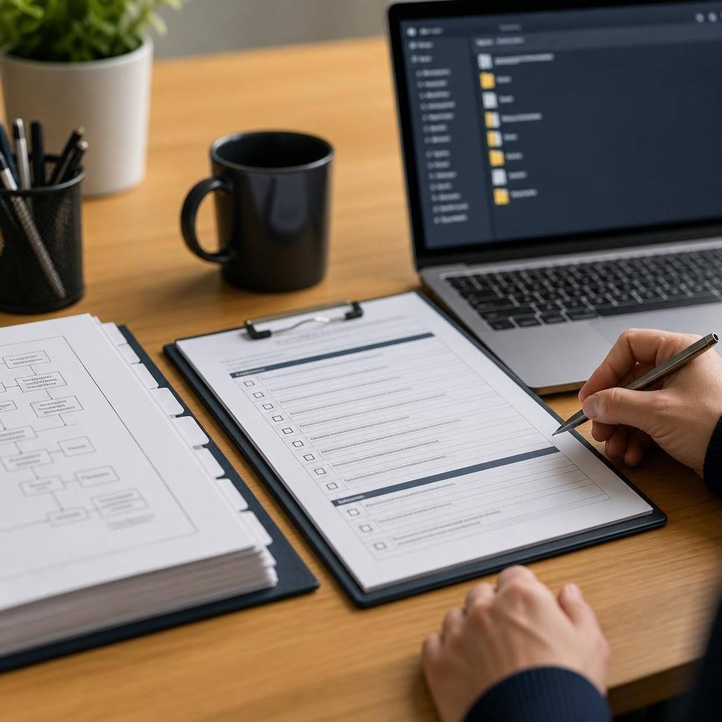 IT handover checklist, system documentation and laptop on a desk