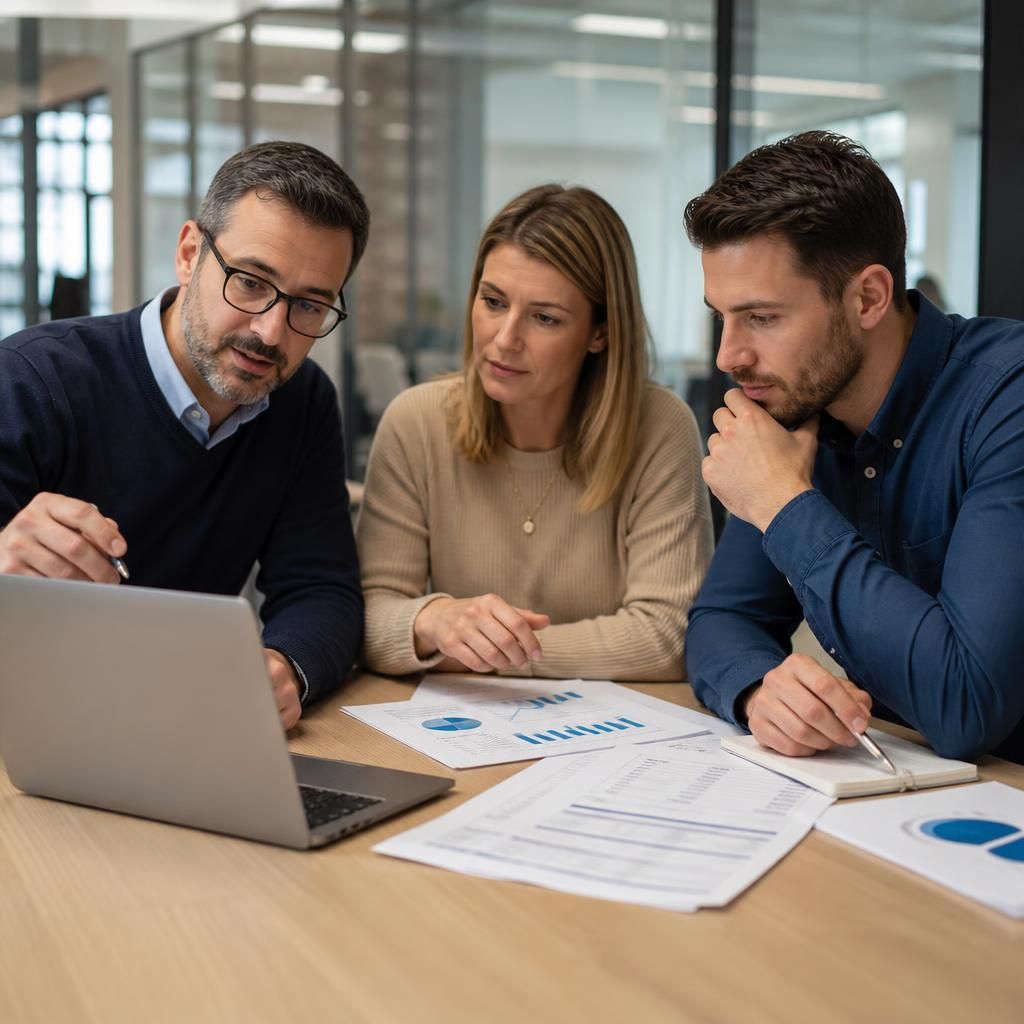 Business team reviewing an IT outsourcing checklist on a laptop and printed documents