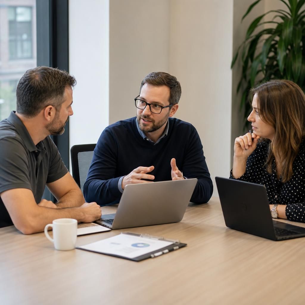 IT professionals discussing technology requirements around a meeting table