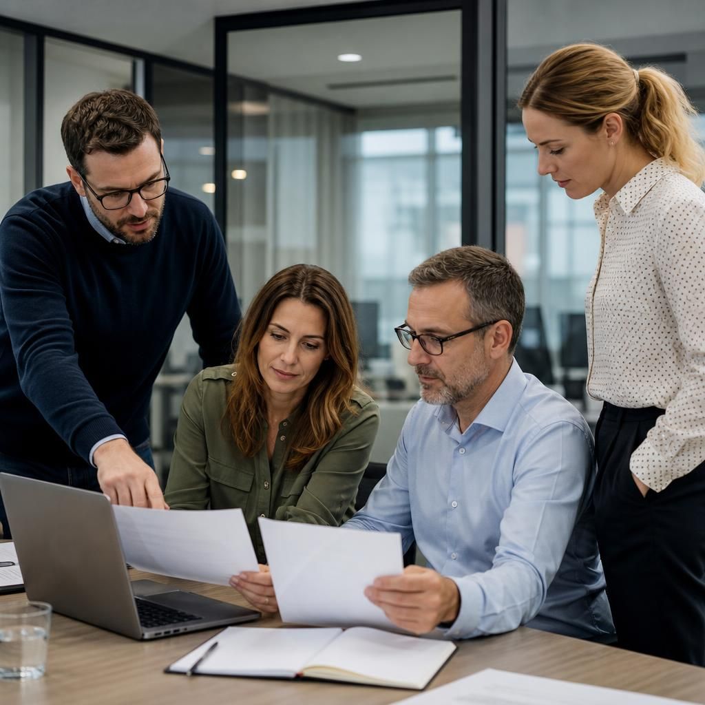 Professional services team reviewing documents and technology systems in an office