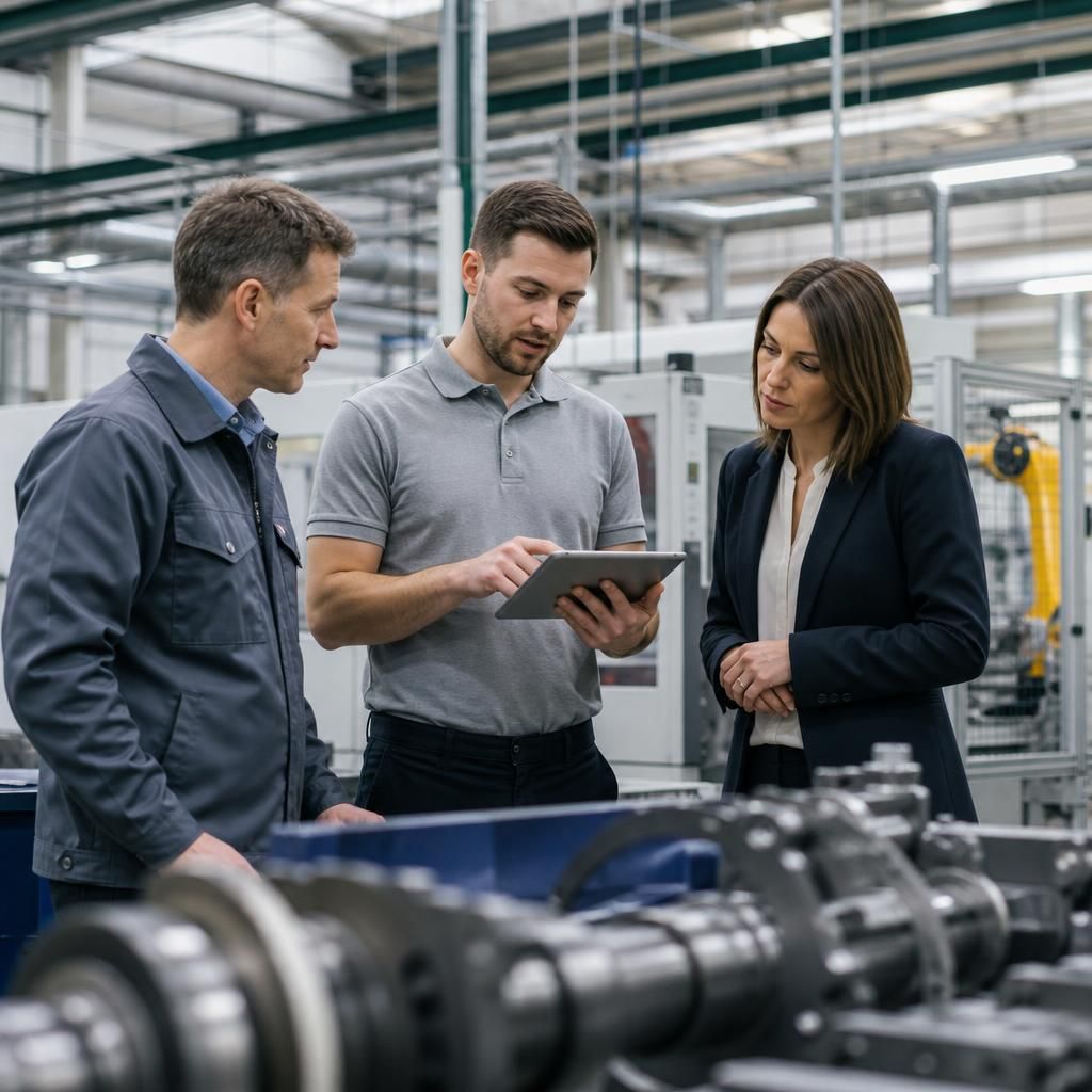 Manufacturing team reviewing production operations and connected technology on a factory floor