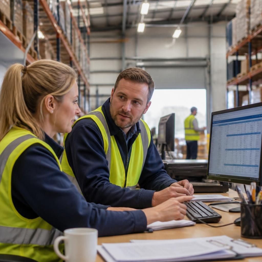 Logistics staff coordinating deliveries and digital systems in a warehouse office