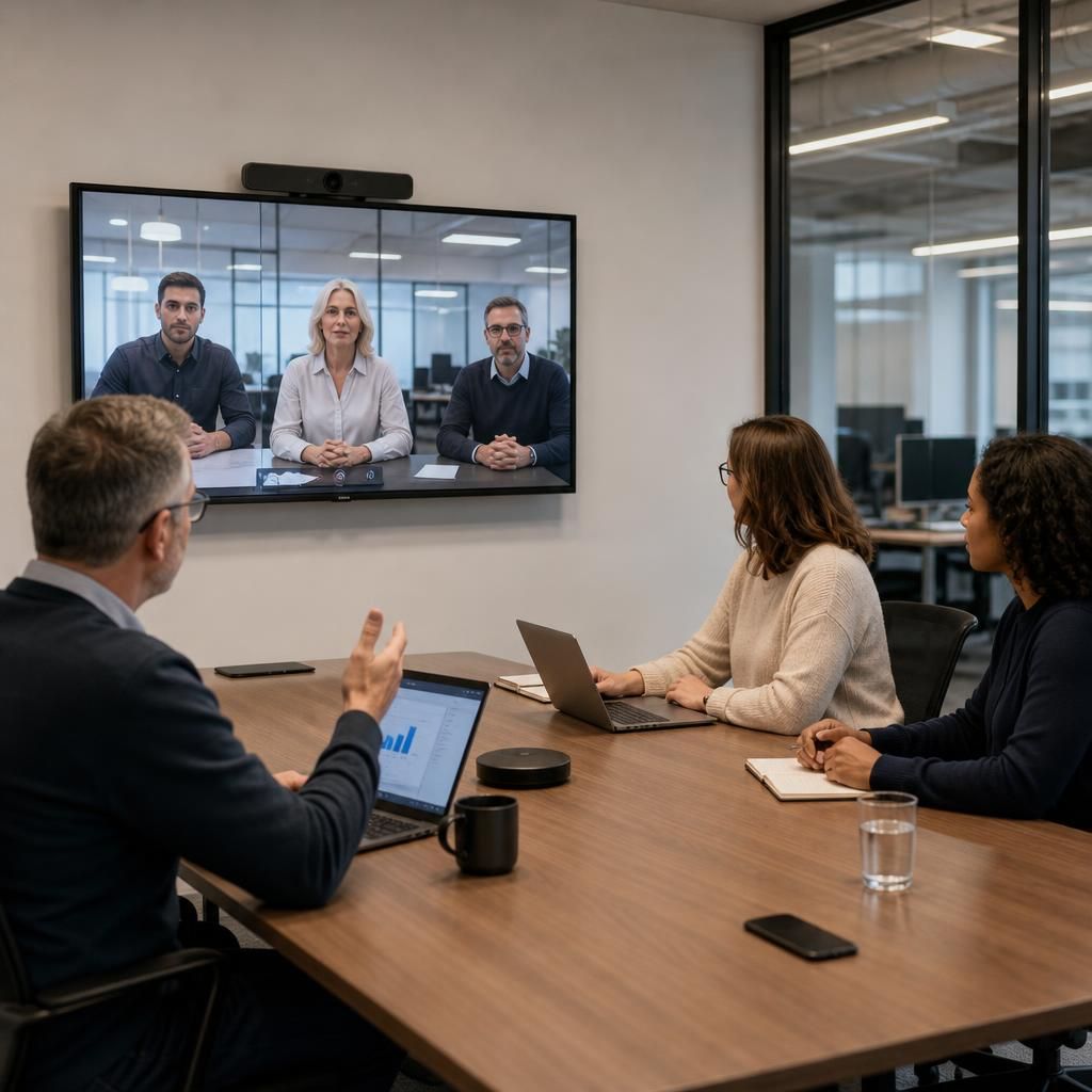 Business team working across two connected office locations through video conferencing