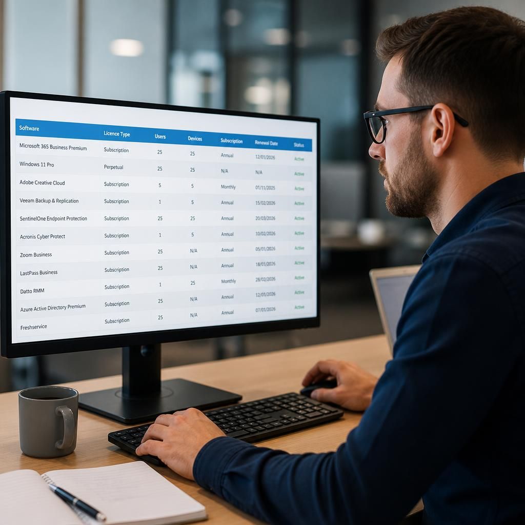 Software licence schedule showing users, devices and subscription quantities