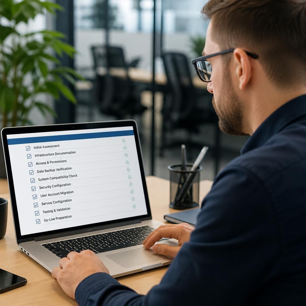 IT consultant reviewing an infrastructure setup checklist on a laptop