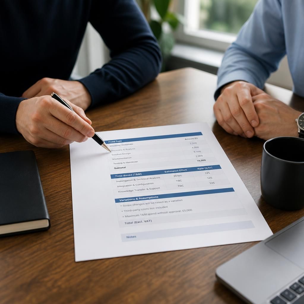 IT project quotation with fixed fees, milestones and variation notes