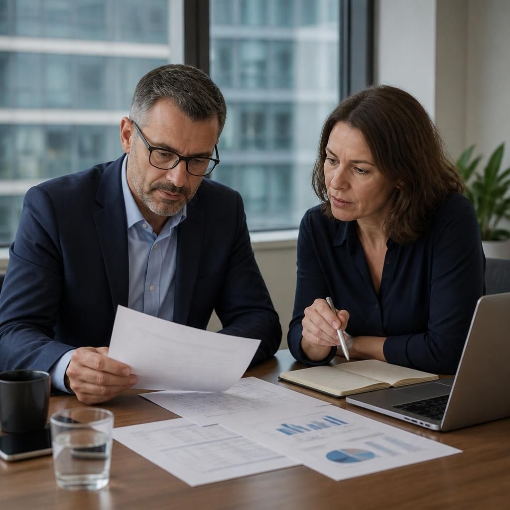 Business managers reviewing an outsourced IT services agreement and cost schedule