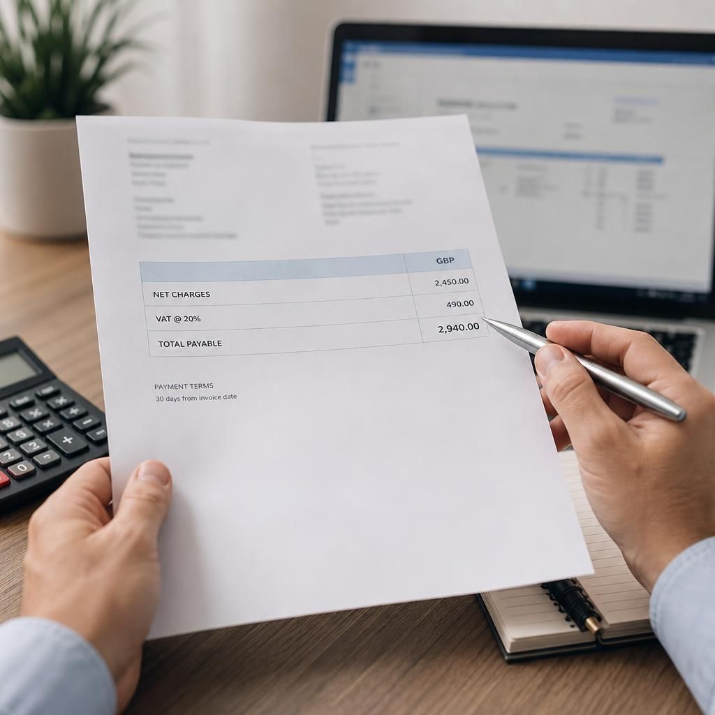 Managed IT service quotation showing net charges, VAT and total payable