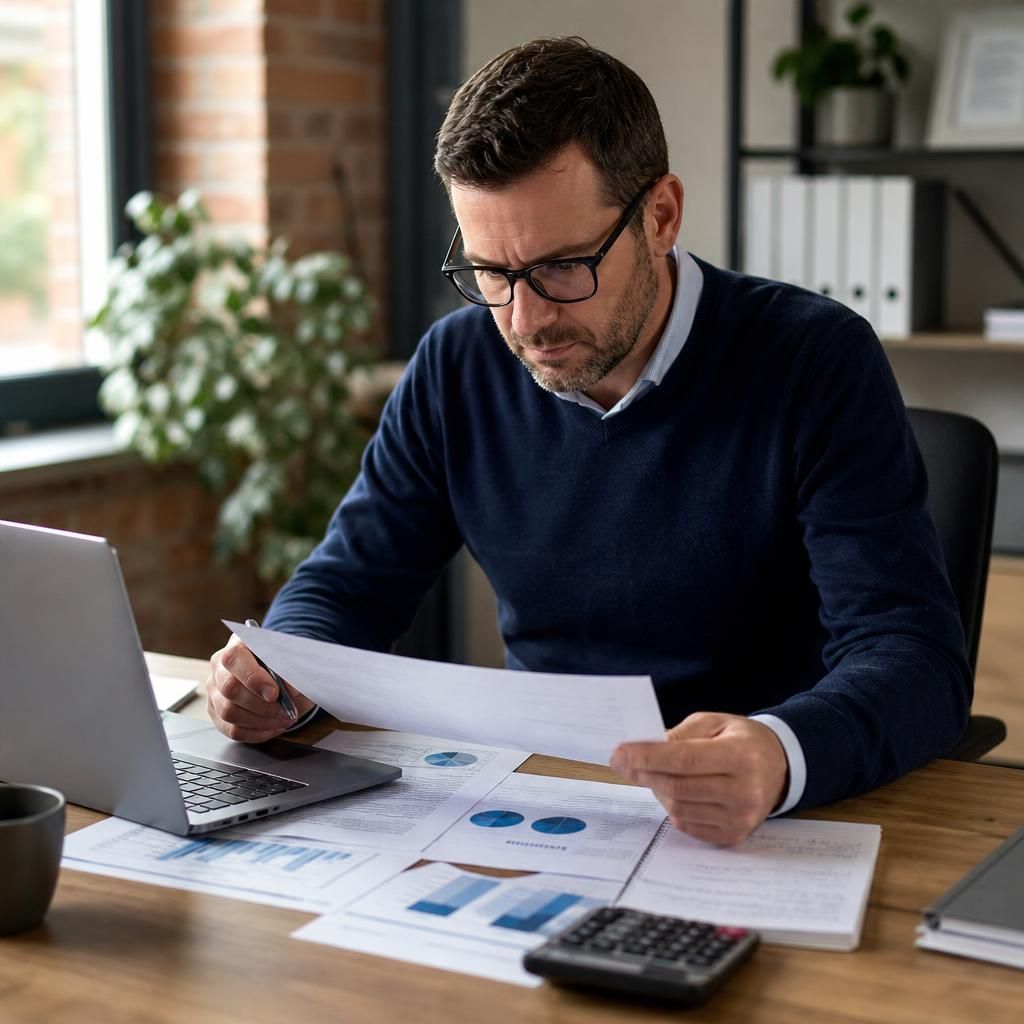 Business owner reviewing IT systems, supplier documents and cost estimates at a desk