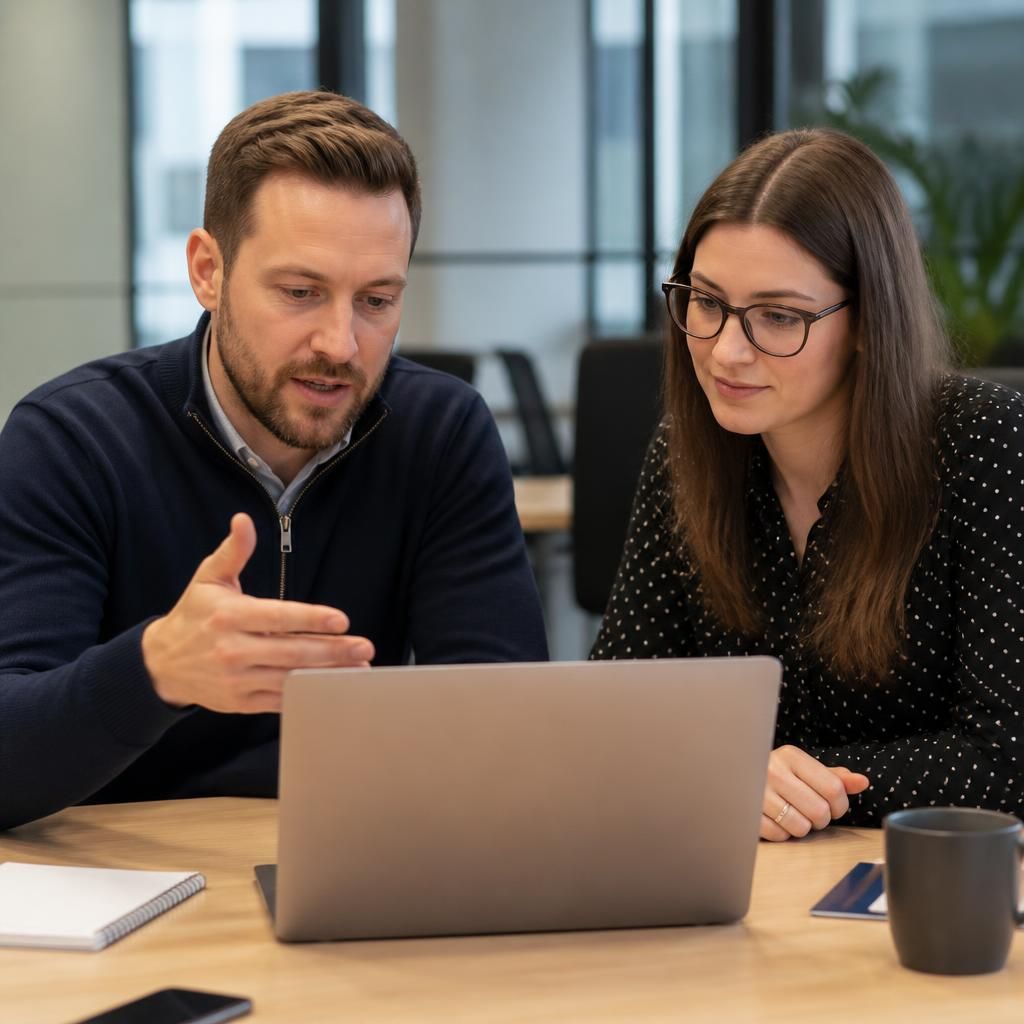 IT professional discussing information on a laptop with a colleague