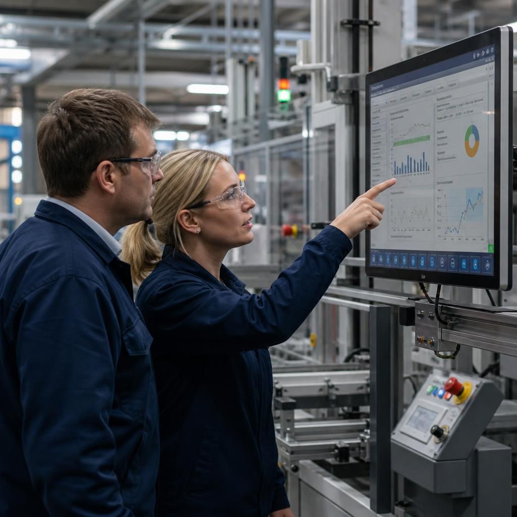 Manufacturing staff reviewing production information on a digital display