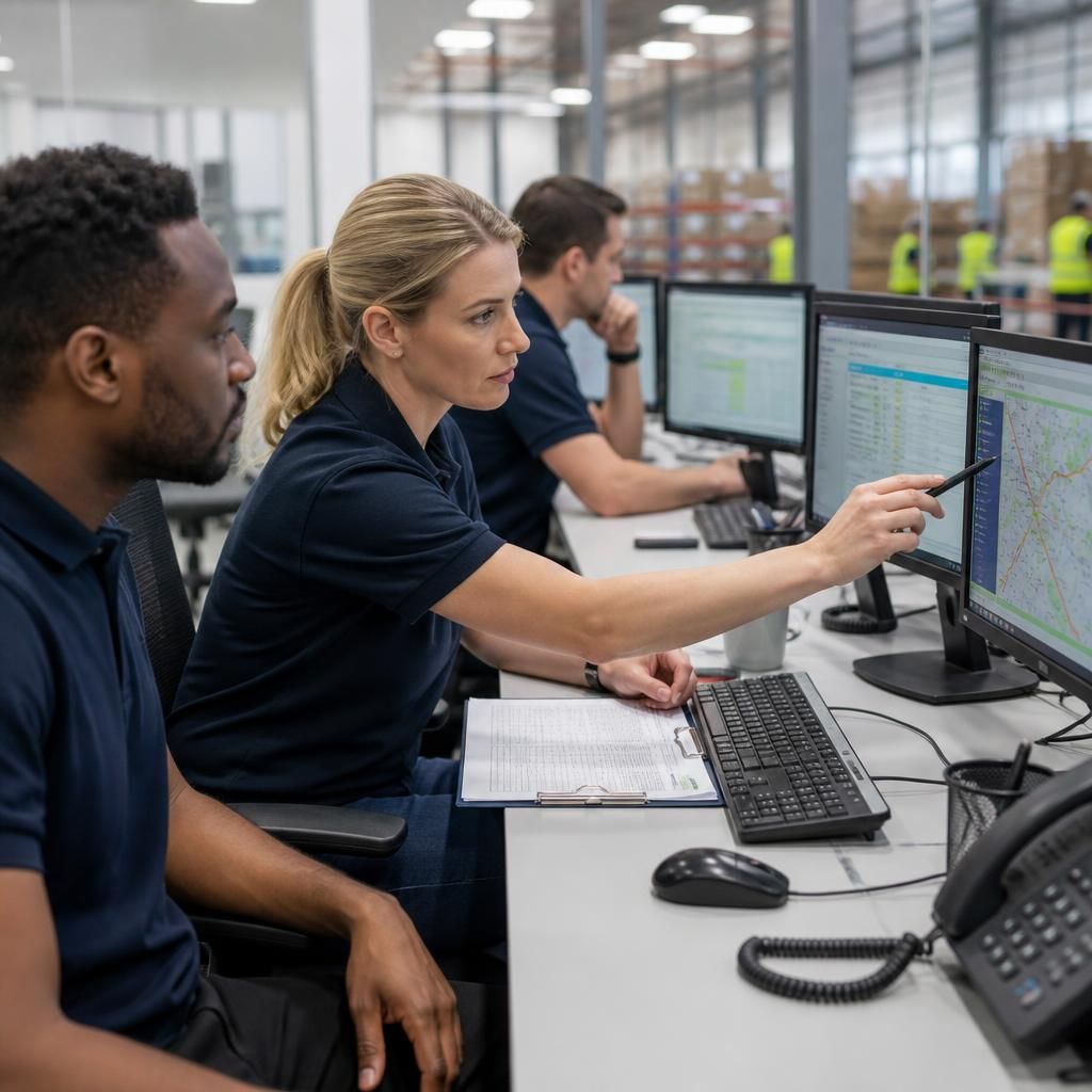 Logistics team coordinating operations using computers in a workplace