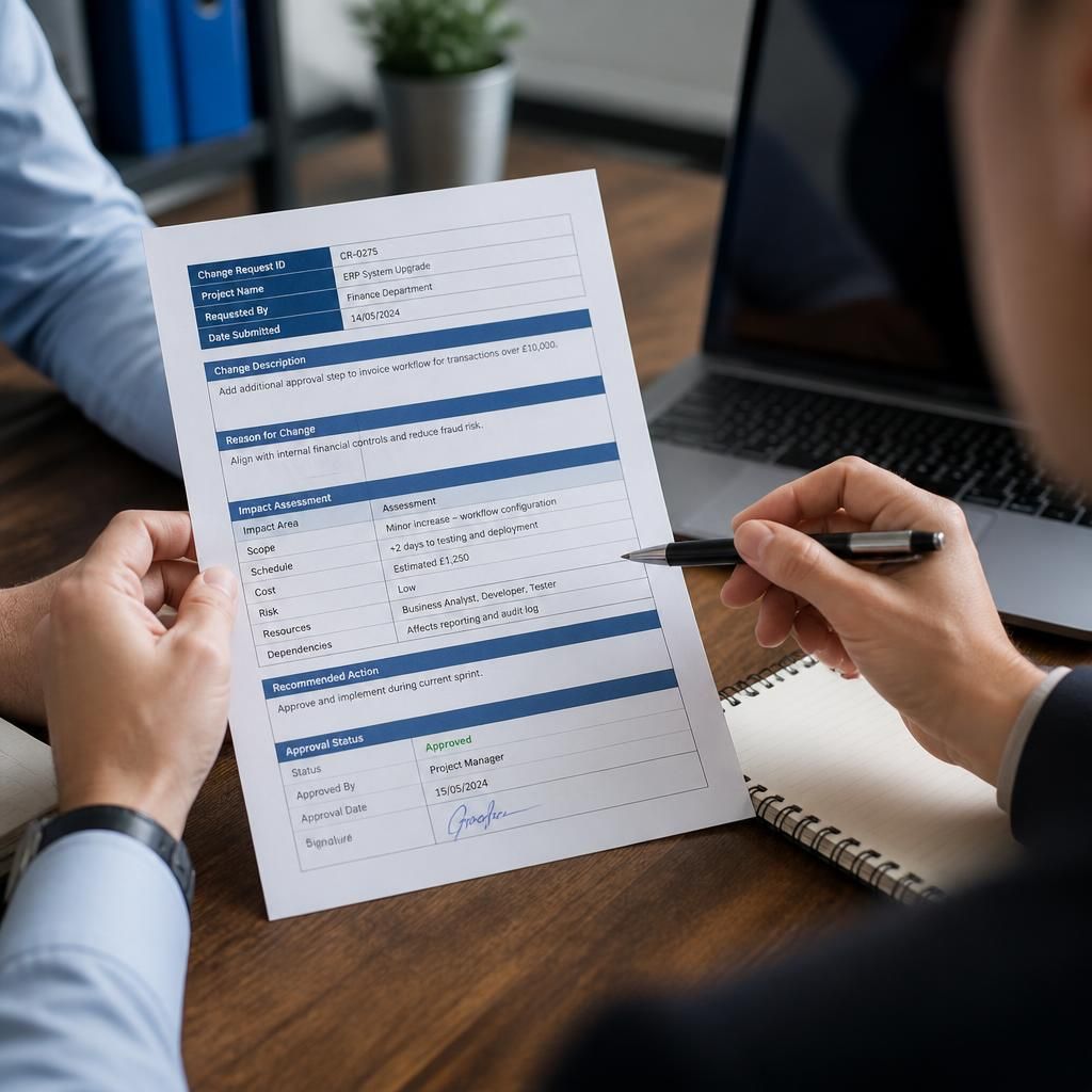 Project change request form showing impact assessment and approval status