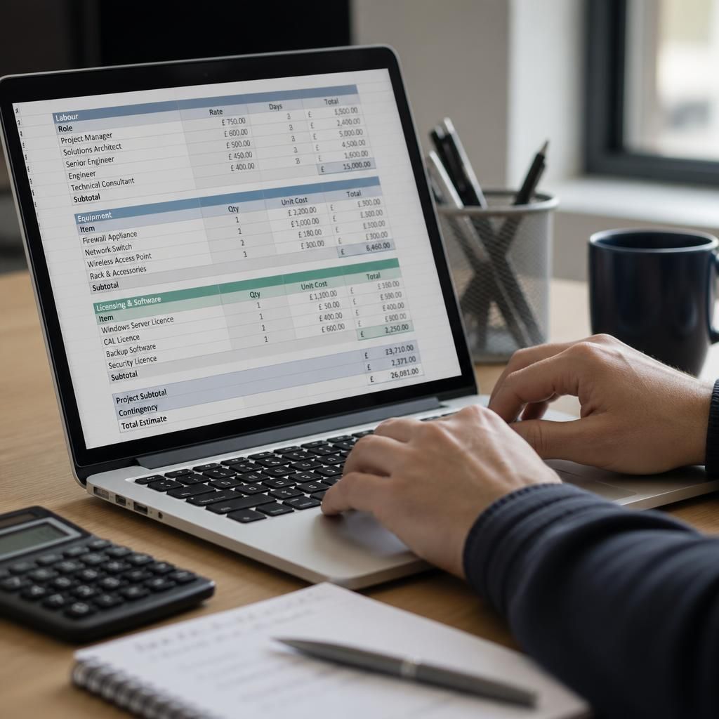 IT project cost estimate spreadsheet showing labour, equipment and licensing items