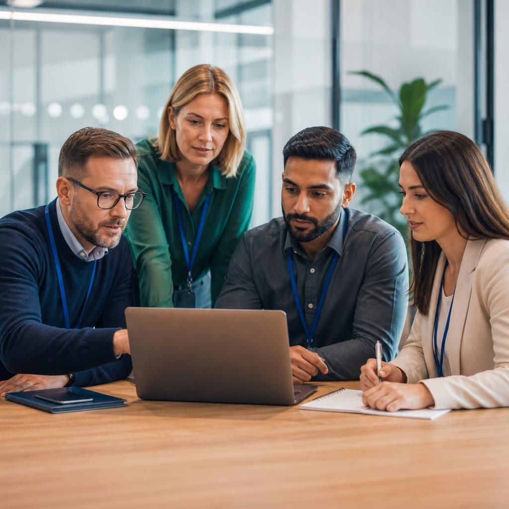 IT specialists and internal staff reviewing a project plan on a laptop