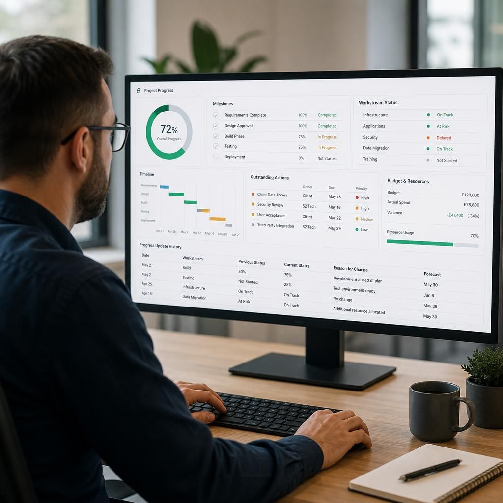Project progress dashboard showing milestones, status updates and outstanding actions