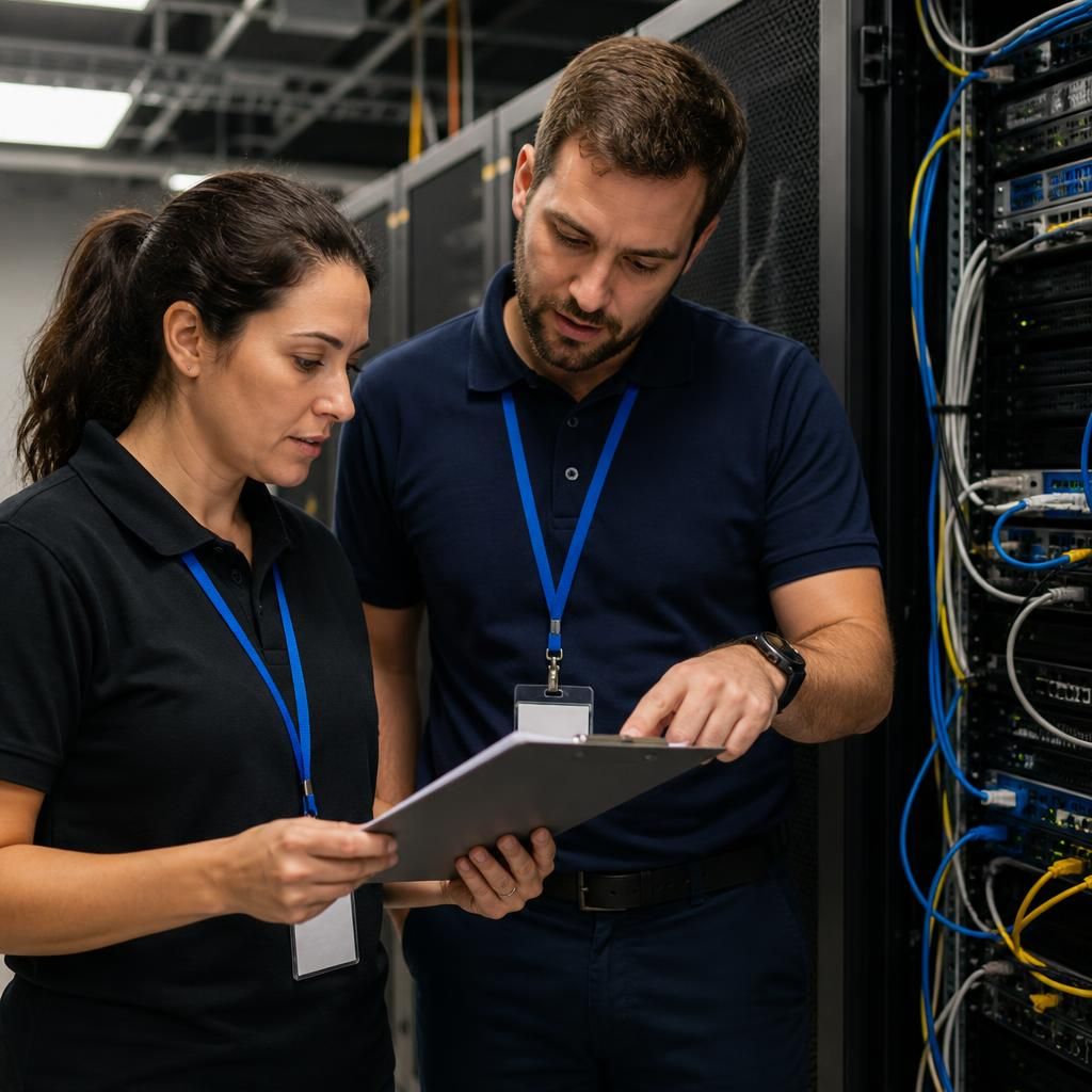 IT project team reviewing a migration checklist beside network equipment