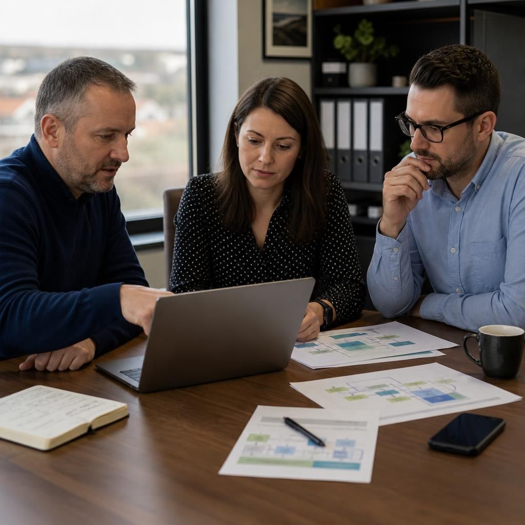 IT project team reviewing a delivery plan on a laptop and printed documents