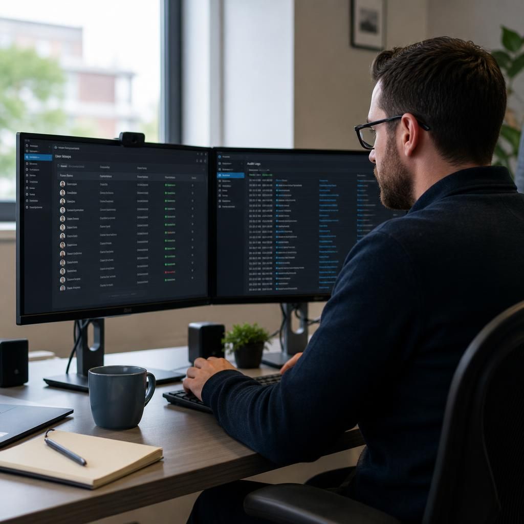 IT administrator reviewing user access permissions and audit logs on a computer screen