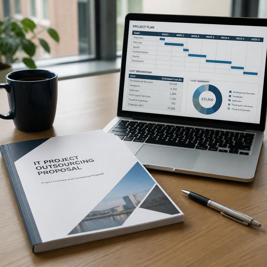 IT project proposal document beside a laptop displaying a project plan and cost breakdown