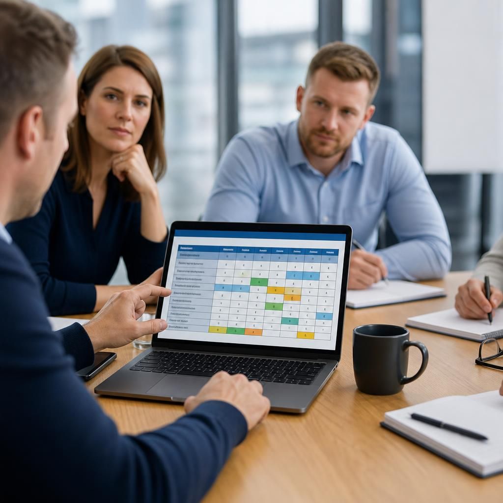 Project team reviewing a responsibility matrix on a laptop during a meeting
