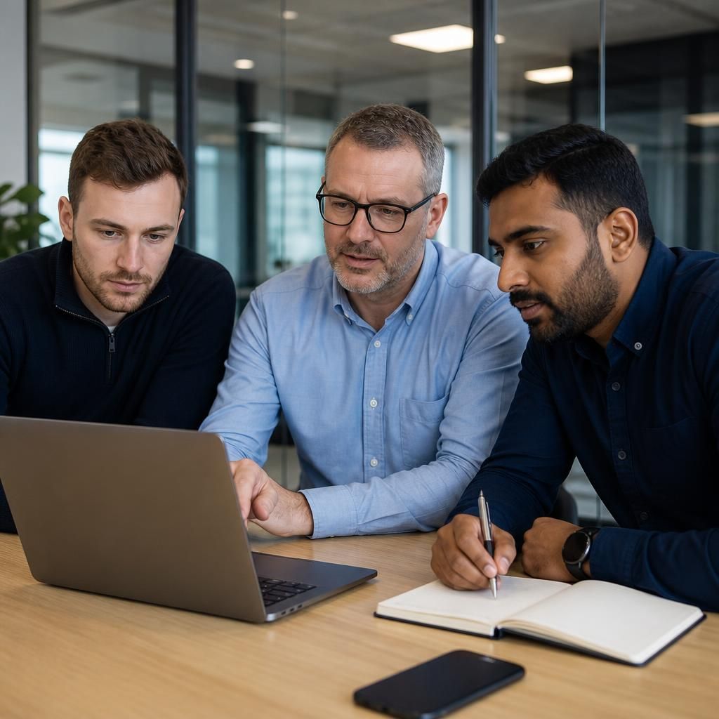 IT specialists discussing a project around a laptop in a meeting